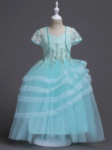 Beauteous Floor Length Ball Gowns Sleeveless Aqua Blue Flower Girl Dresses for Less Zipper