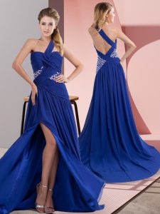 Best Selling Royal Blue Column/Sheath Beading and Ruching Prom Party Dress Backless Chiffon Sleeveless