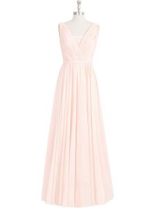 Fitting Pink A-line Chiffon V-neck Sleeveless Lace Floor Length Zipper Evening Dress