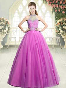Latest Pink Tulle Zipper Prom Dresses Sleeveless Floor Length Beading