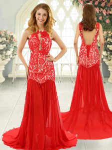 Sleeveless Brush Train Lace Backless Prom Evening Gown