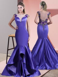 Shining Sleeveless Satin Sweep Train Side Zipper Womens Evening Dresses in Purple with Beading and Appliques