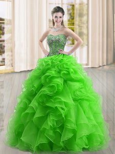 Dynamic Sleeveless Floor Length Beading and Ruffles Lace Up 15 Quinceanera Dress with Green
