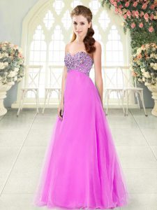Sumptuous Pink Sleeveless Floor Length Beading Lace Up Evening Dress