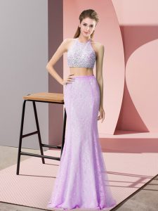 Glorious Floor Length Lilac Prom Gown Halter Top Sleeveless Backless