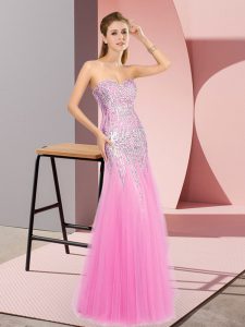 High Class Beading Evening Dress Rose Pink Zipper Sleeveless Floor Length