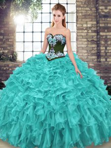 Pretty Organza Sweetheart Sleeveless Sweep Train Lace Up Embroidery and Ruffles Quinceanera Dresses in Turquoise