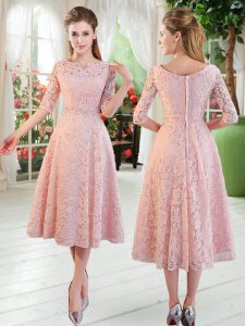 Pink Half Sleeves Tea Length Beading Zipper Evening Dress