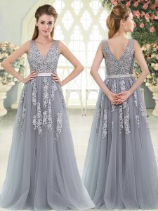 Exceptional Sleeveless Floor Length Appliques Zipper Evening Wear with Grey