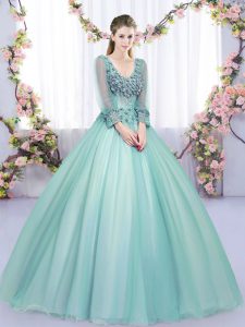 Tulle V-neck Long Sleeves Lace Up Lace and Appliques Quinceanera Gowns in Apple Green
