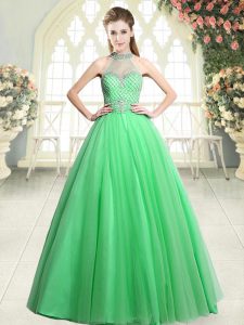Hot Selling Green Tulle Zipper Prom Dress Sleeveless Floor Length Beading