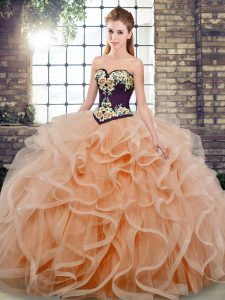 High End Sleeveless Sweep Train Embroidery and Ruffles Lace Up Sweet 16 Dresses