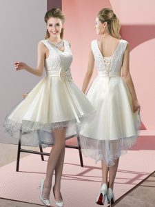 Colorful Sleeveless Tulle High Low Lace Up Prom Dress in White with Lace and Bowknot