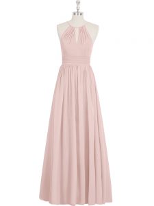 Glamorous Baby Pink Chiffon Zipper Prom Dresses Sleeveless Floor Length Ruching