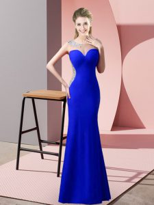 Royal Blue Mermaid Satin Scoop Sleeveless Beading and Pick Ups Floor Length Zipper Dress for Prom