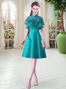 Teal Lace Up Prom Dresses Ruffled Layers Cap Sleeves Knee Length