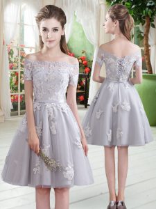 Off The Shoulder Short Sleeves Prom Evening Gown Knee Length Appliques Grey Tulle
