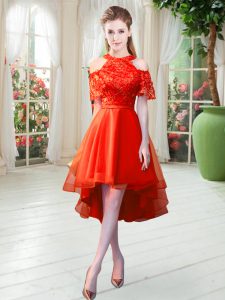 Custom Designed Rust Red Short Sleeves Tulle Zipper Dress for Prom for Prom and Party