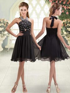 Modest Chiffon Halter Top Sleeveless Lace Up Beading Prom Party Dress in Black