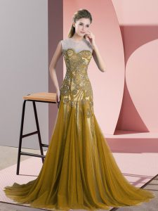 Top Selling Backless Prom Dresses Brown for Prom and Party and Military Ball with Beading and Appliques Sweep Train