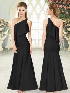 Amazing One Shoulder Sleeveless Dress for Prom Ankle Length Ruching Black Satin