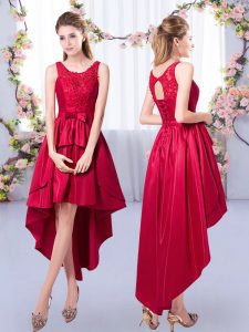 Fancy Red A-line Scoop Sleeveless Satin High Low Lace Up Appliques Quinceanera Dama Dress