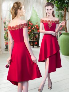 Fitting Red Satin Zipper Prom Party Dress Sleeveless Asymmetrical Appliques