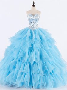 Baby Blue Ball Gowns Tulle Sweetheart Sleeveless Beading and Ruffles Floor Length Lace Up Ball Gown Prom Dress