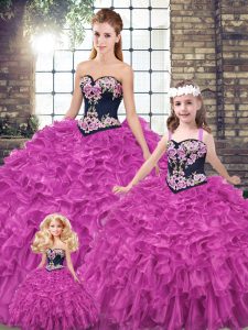 Sweet Fuchsia Sleeveless Embroidery and Ruffles Lace Up Quinceanera Gowns