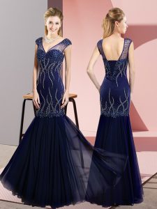 Sophisticated Sleeveless Floor Length Beading Lace Up Evening Party Dresses with Navy Blue