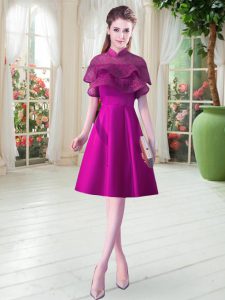 Purple Satin Lace Up High-neck Cap Sleeves Knee Length Prom Dresses Beading