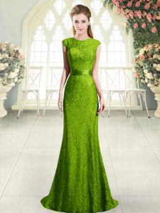 Fantastic Green Backless Dress for Prom Sleeveless Sweep Train Beading and Lace