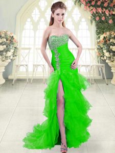 Flirting Green Sleeveless Organza Brush Train Lace Up Prom Gown for Prom and Party