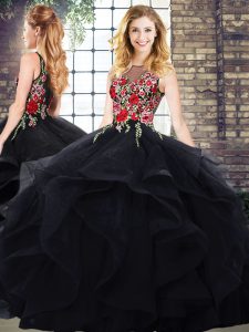 Glamorous Black Zipper Quinceanera Dresses Sleeveless Floor Length Embroidery and Ruffles