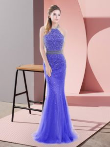 Mermaid Sleeveless Blue Prom Dress Sweep Train Backless