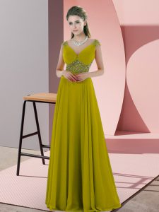 Beauteous V-neck Cap Sleeves Backless Prom Gown Olive Green Chiffon