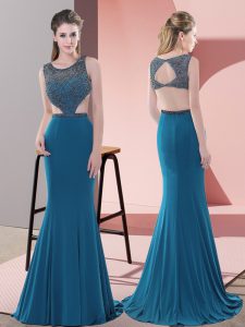 Blue Sleeveless Beading Backless Prom Dress