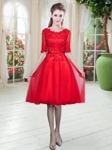 Customized Half Sleeves Tulle Knee Length Lace Up Prom Gown in Red with Lace