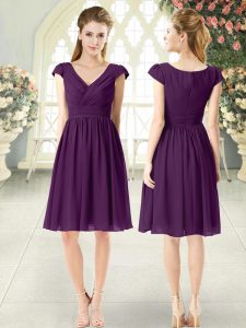High Quality Ruching Prom Dresses Purple Zipper Cap Sleeves Knee Length