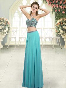 Aqua Blue Two Pieces Chiffon Sweetheart Sleeveless Beading Floor Length Backless Prom Evening Gown