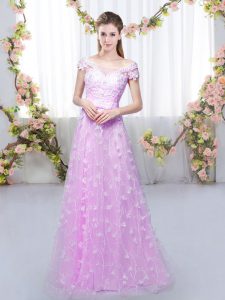 Floor Length Lilac Quinceanera Dama Dress Tulle Cap Sleeves Appliques