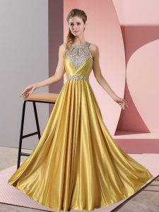 Unique Satin Halter Top Sleeveless Lace Up Beading Dress for Prom in Gold