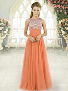Sleeveless Floor Length Beading Backless Prom Gown with Orange