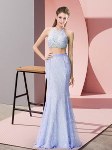 Sleeveless Floor Length Beading and Lace Backless Homecoming Dress with Baby Blue