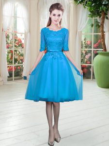 Empire Dress for Prom Blue Scoop Tulle Half Sleeves Knee Length Lace Up