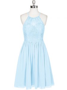 Light Blue A-line Lace Dress for Prom Backless Chiffon Sleeveless Mini Length