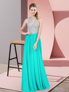 Fantastic Beading and Lace Turquoise Backless Sleeveless Floor Length