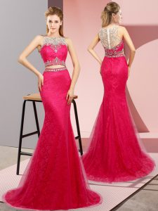 Hot Pink Prom Evening Gown Prom and Party and Military Ball with Beading Scoop Sleeveless Sweep Train Lace Up