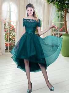 High Low Peacock Green Prom Dresses Tulle Short Sleeves Lace