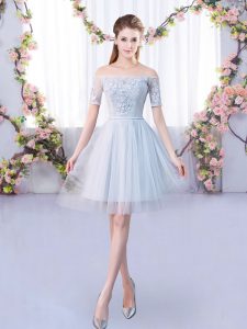 Exquisite Short Sleeves Lace Up Mini Length Lace Bridesmaids Dress